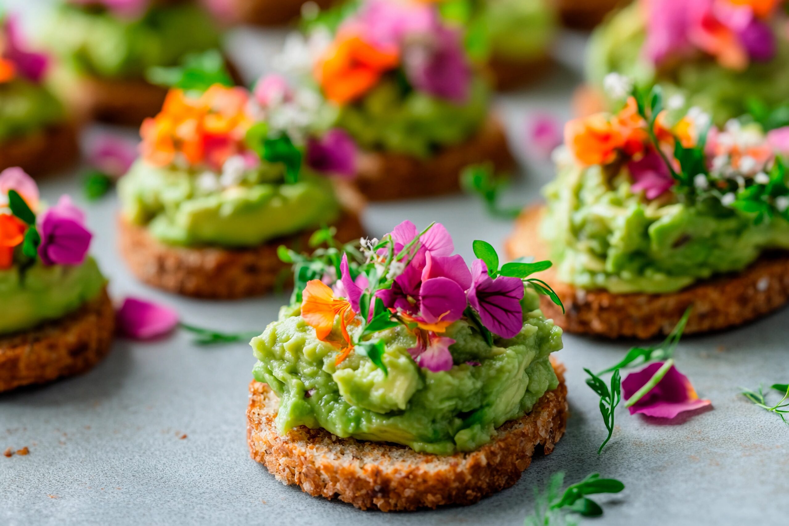 beautifully arranged bite sized appetizers feature creamy avocado spread topped with vibrant edible flowers, creating a delightful presentation for a spring gathering outdoors among greenery