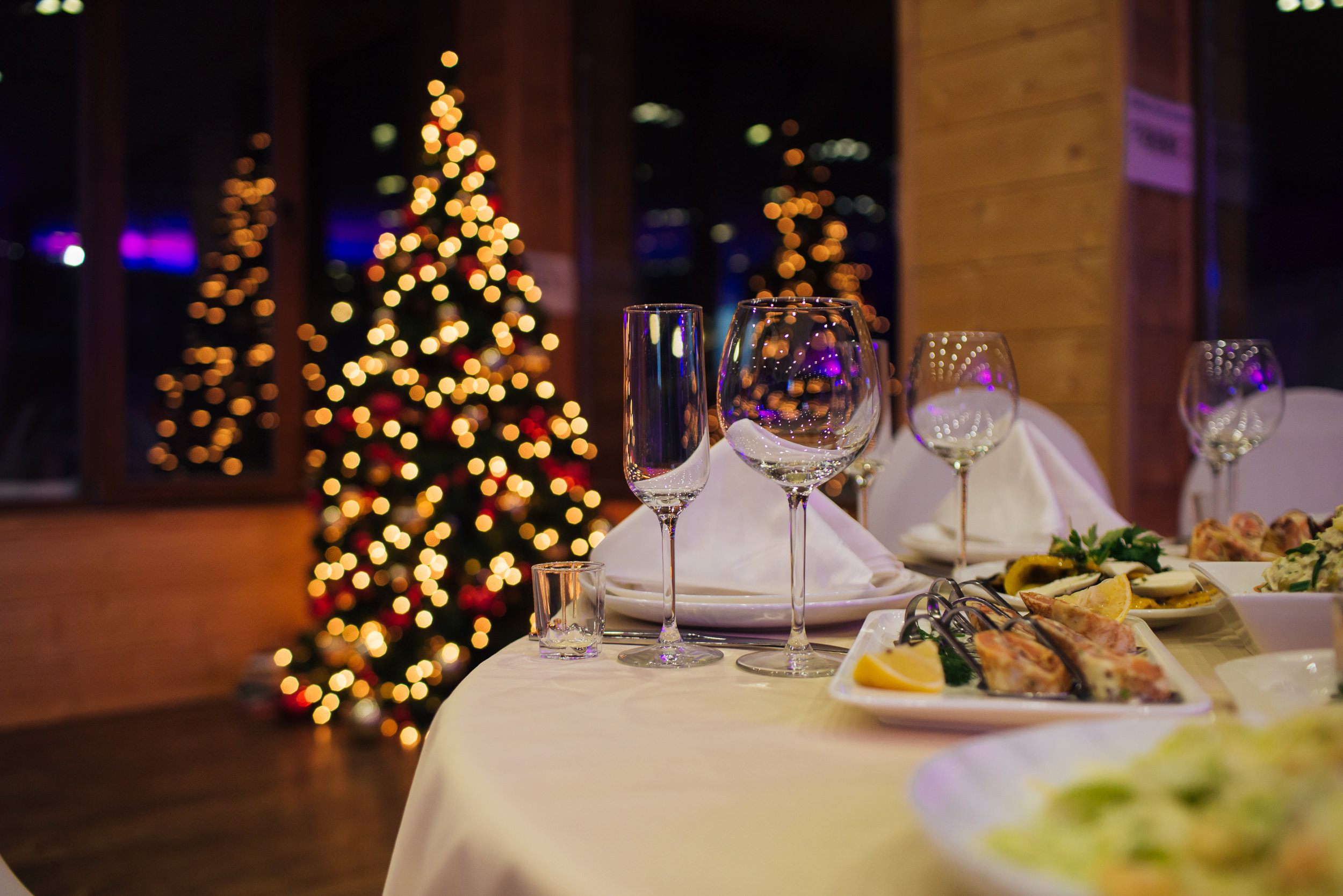 christmas buffet, table and wine glasses,catering