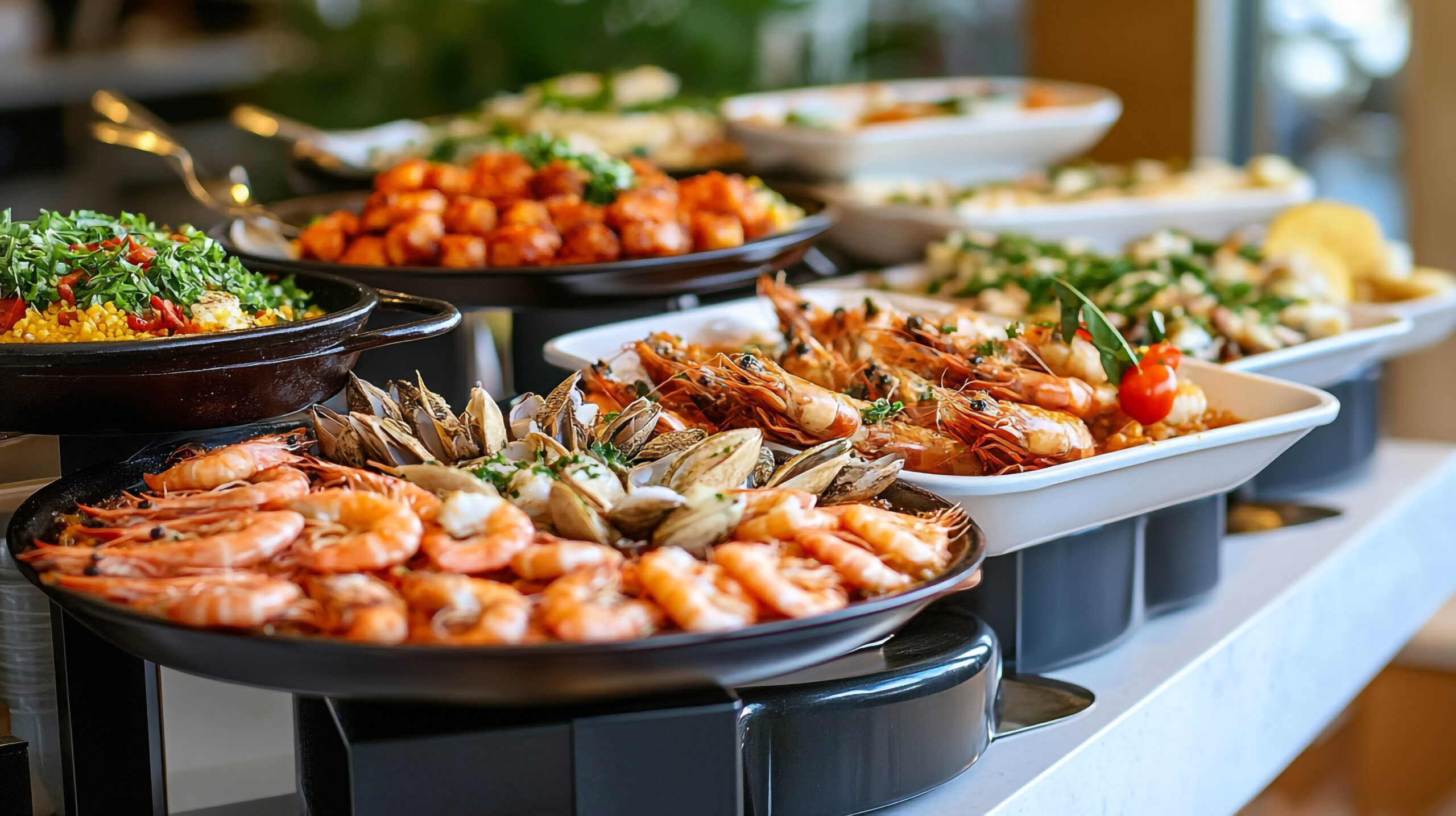 delicious seafood buffet catering service with shrimp prawns and other seafood dishes for event catering