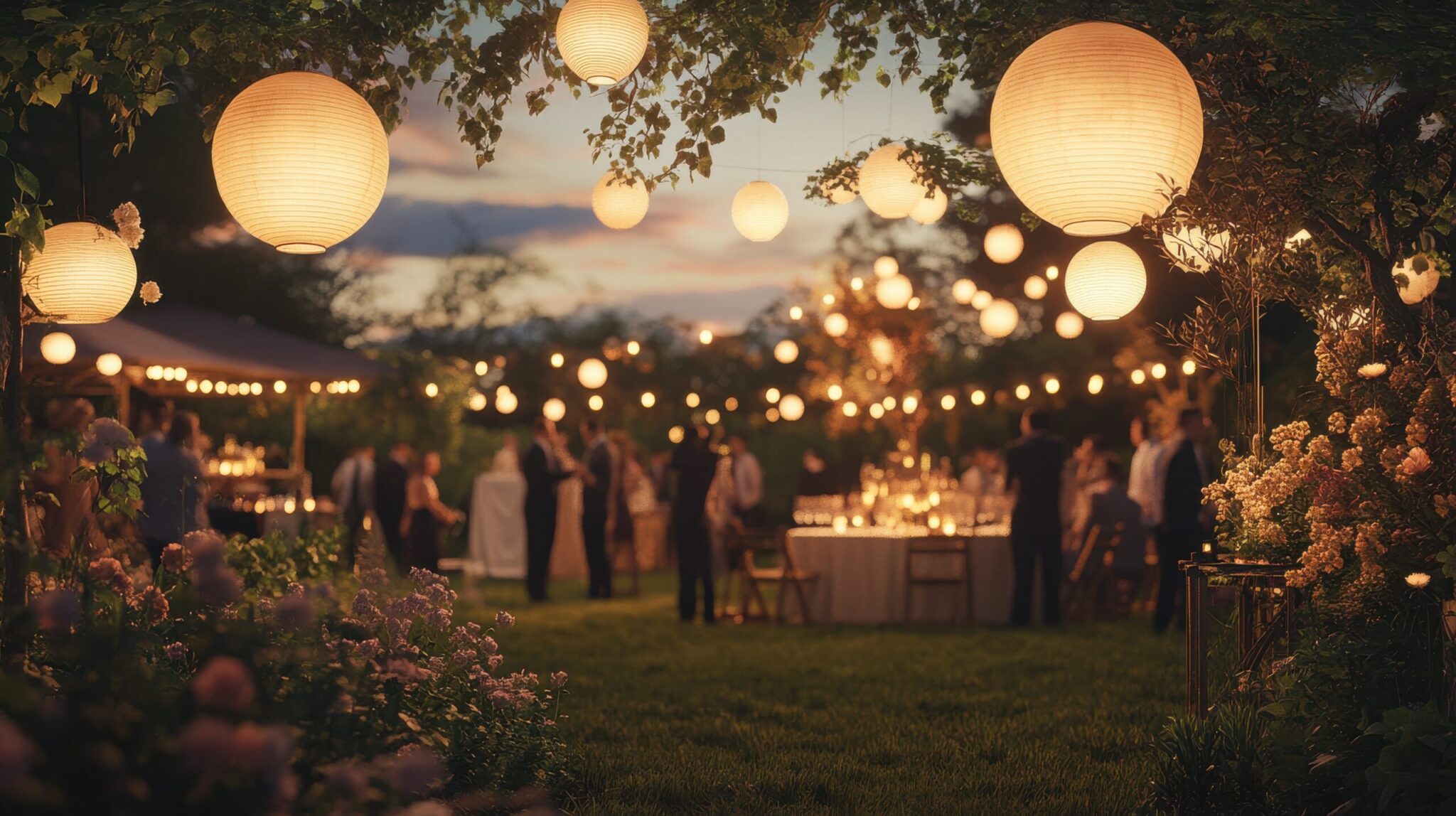 Abendveranstaltung im Freien mit Menschen, die unter hängenden Papierlaternen und Lichterketten versammelt sind, umgeben von Grün und Blumen, mit gedeckten Tischen zum Essen und exquisitem Hochzeitscatering.