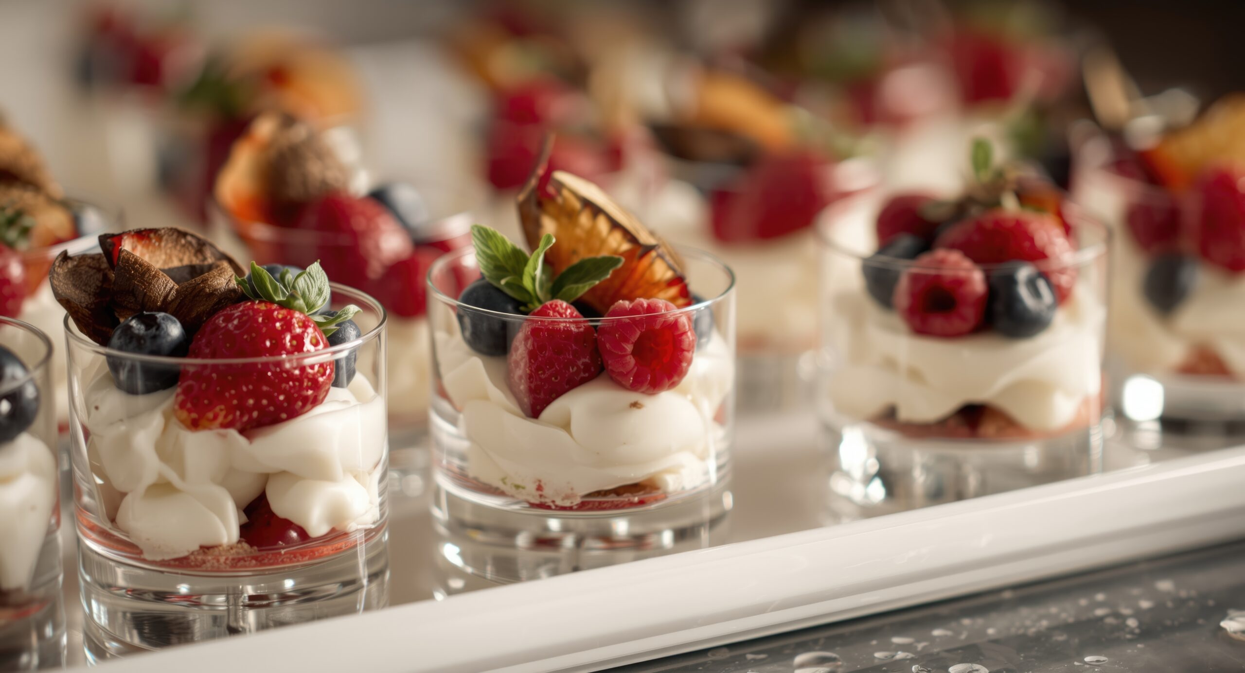 elegant glass mini desserts decorated with fresh fruit for catered gatherings with copy space