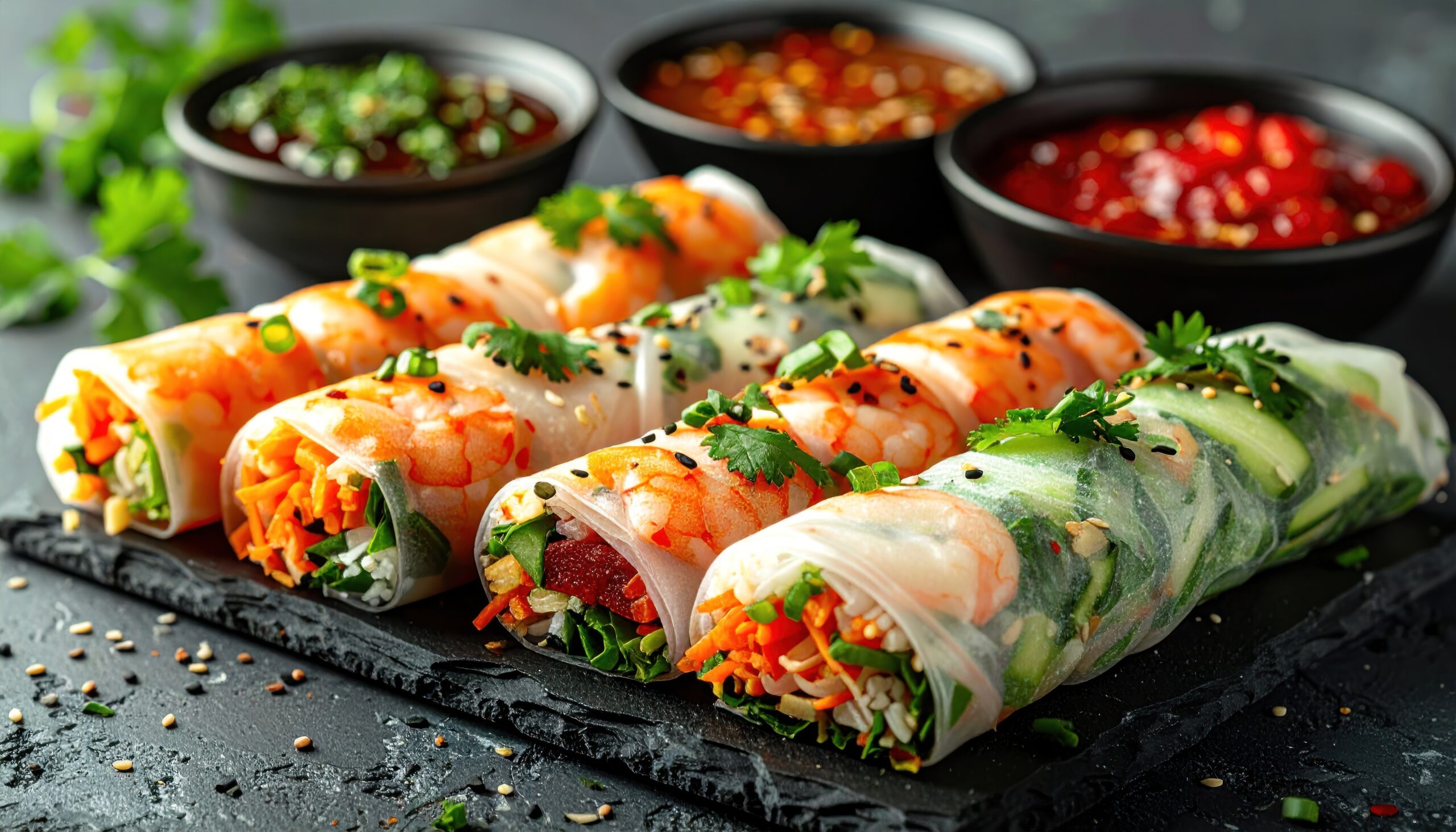 fresh spring rolls with shrimp and dipping sauces.